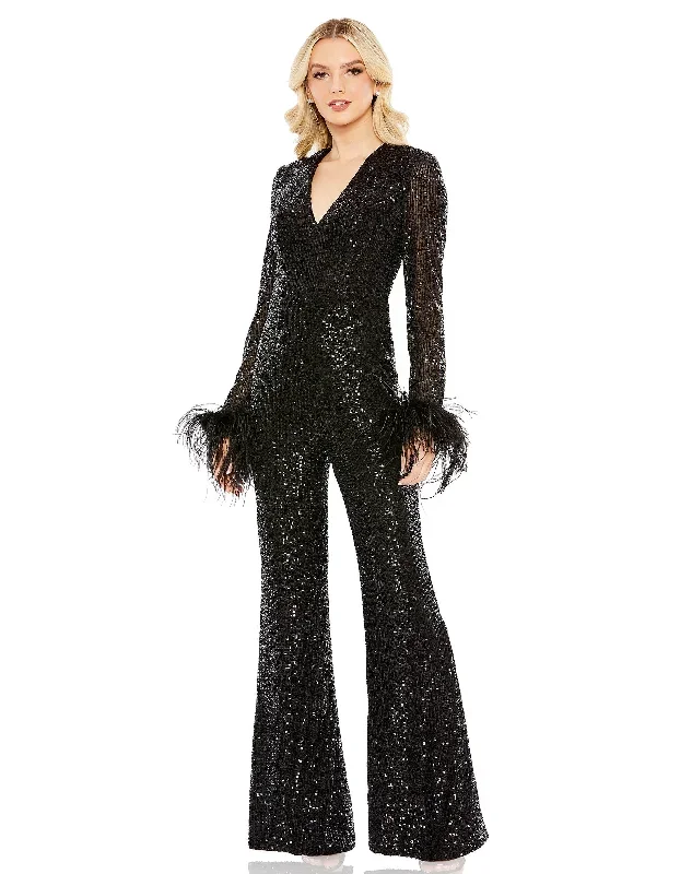 Feather Cuff Sequined V Neck Jumpsuit