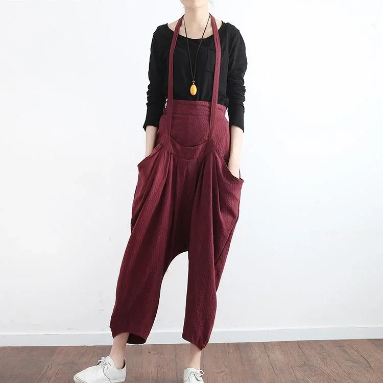 2017 autumn warm burgundy prints linen wide leg pants loose unique casual jumpsuit pants