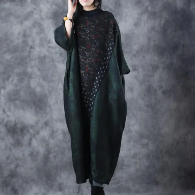 2018-blackish-green-knit-dress-loose-high-neck-sweater-patchwork-pullover-sweater