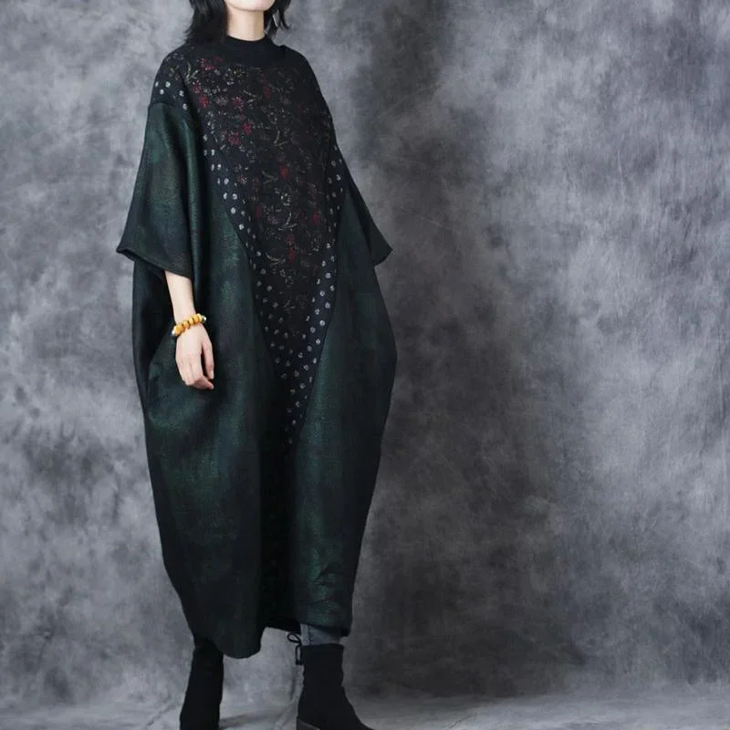 2018-blackish-green-knit-dress-loose-high-neck-sweater-patchwork-pullover-sweater