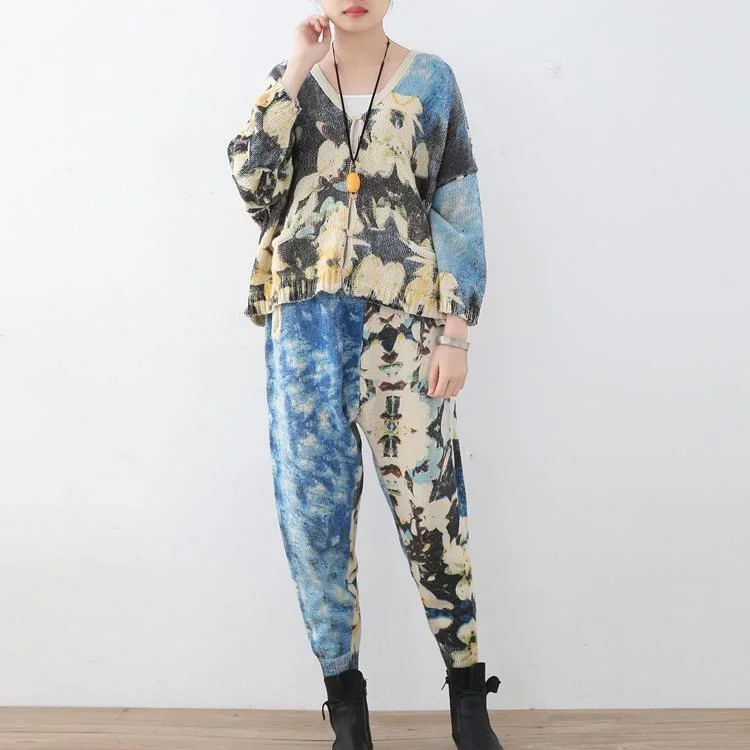 2018-new-spring-two-pieces-blue-prints-knit-sweater-and-casual-patchwork-floral-pants