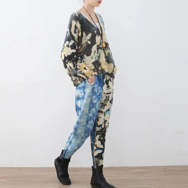 2018-new-spring-two-pieces-blue-prints-knit-sweater-and-casual-patchwork-floral-pants