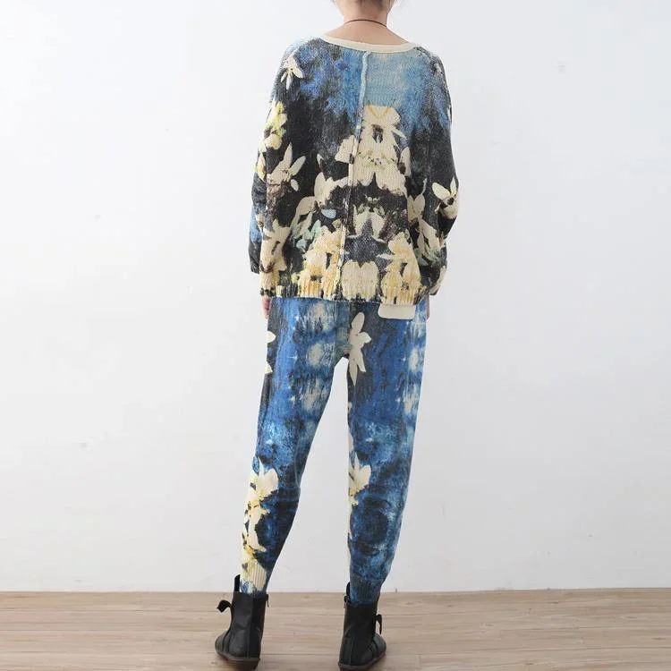 2018-new-spring-two-pieces-blue-prints-knit-sweater-and-casual-patchwork-floral-pants