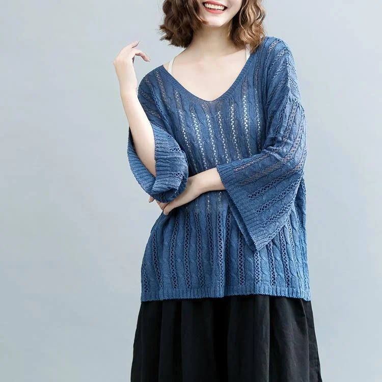 2021 Blue  Winter Sweater Oversized V Neck Knitted Blouses New Hollow Out Blouse