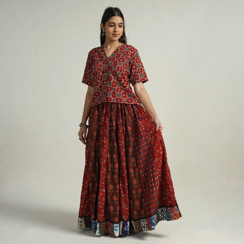 Red - Kutch Block Printed 24 Kali Cotton Long Skirt 21