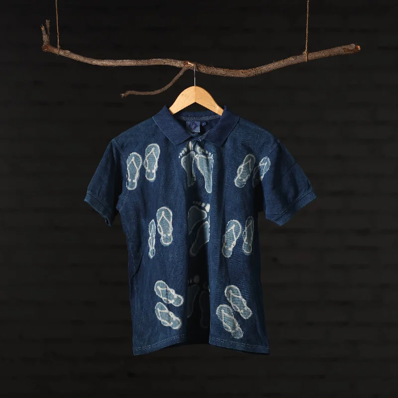 Blue - Bindaas Natural Dyed Art Block Print Polo Collar T-shirt in Cotton