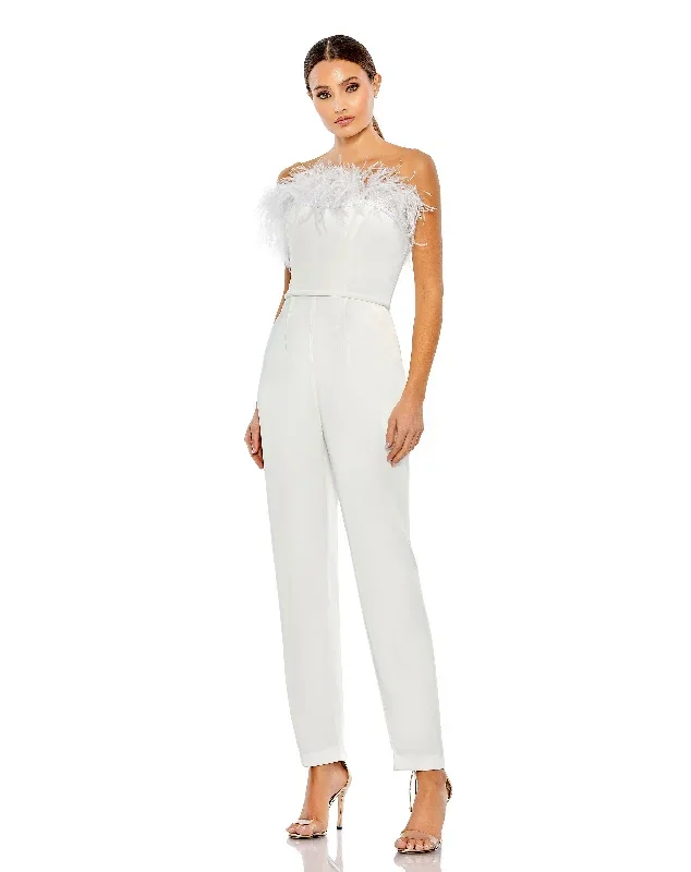 Strapless Jumpsuit with Feather Trim