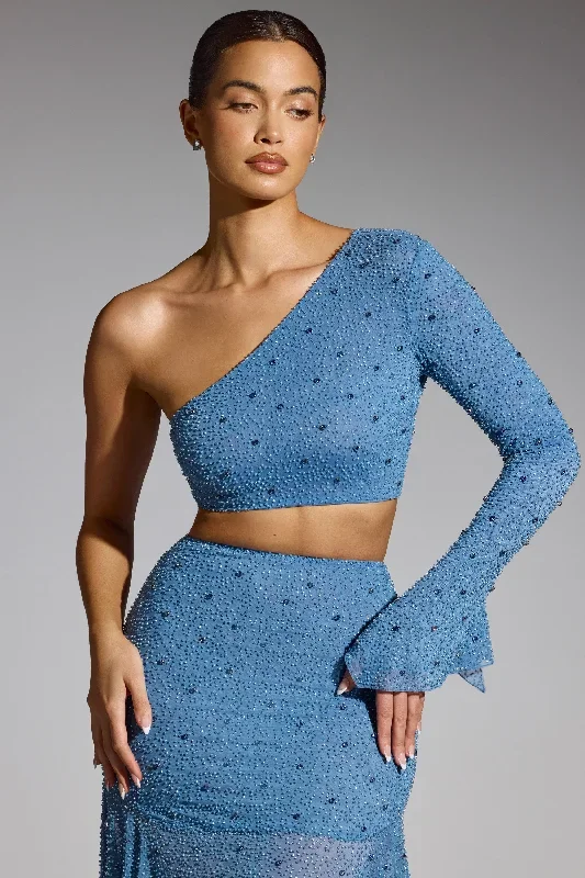 Embellished One Shoulder Top in Smokey Blue