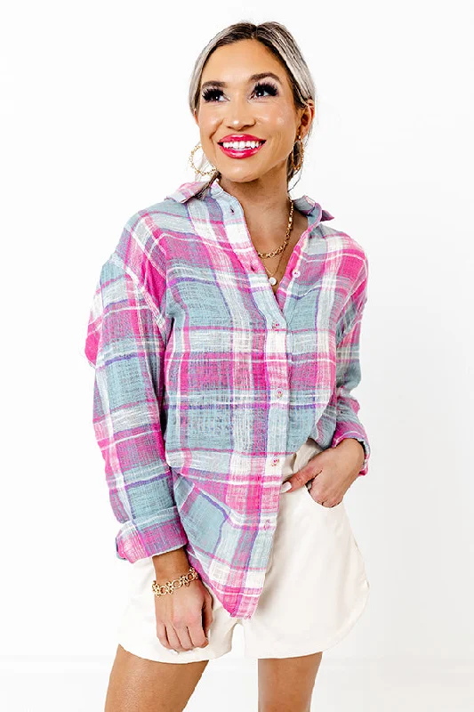 Around The Boardwalk Plaid Button Up In Pink