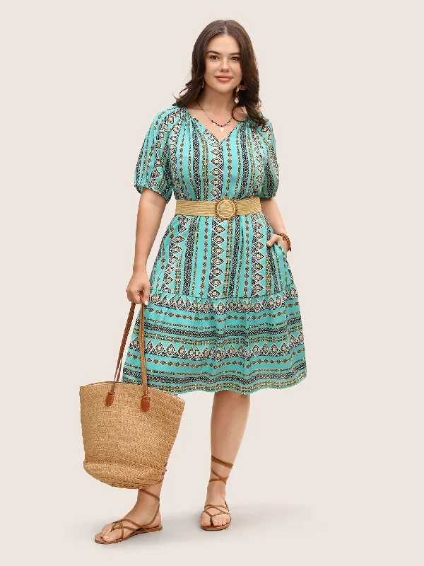 Bandana Print Elastic Waist Gathered Puff Sleeve Dress