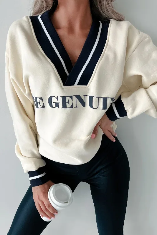 Be Genuine Varsity Stripe Graphic Sweater (Cream)