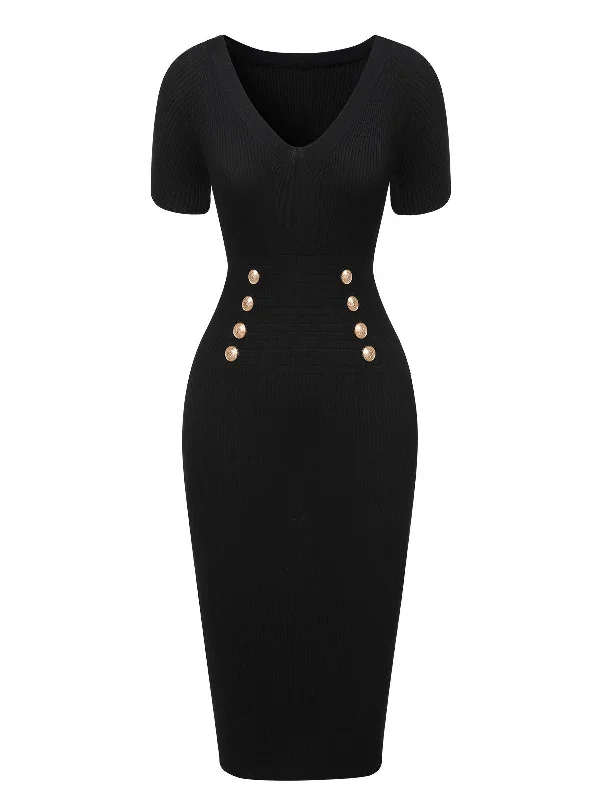 Black 1960s Solid V-Neck Buttons Dress