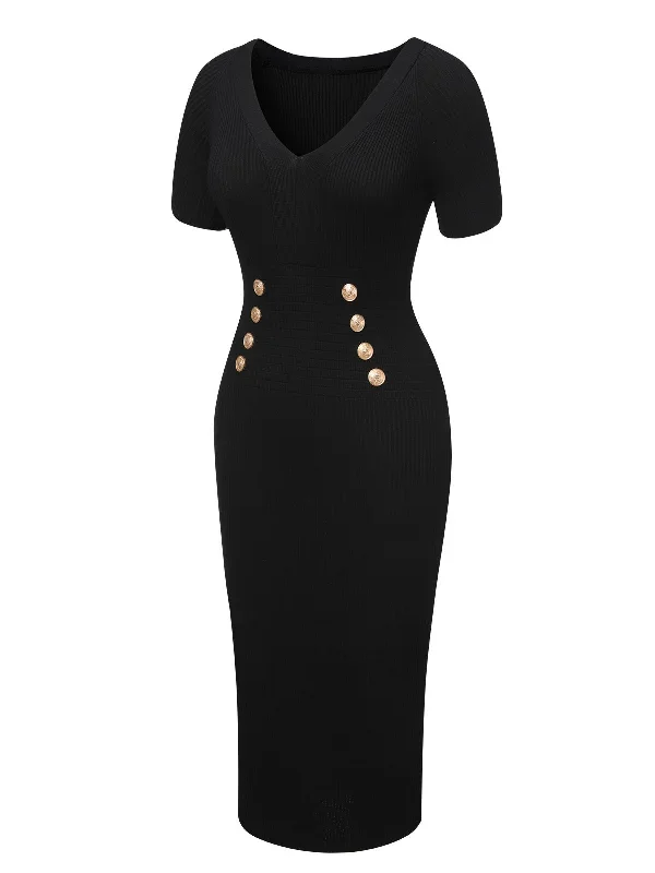 black-1960s-solid-v-neck-buttons-dress