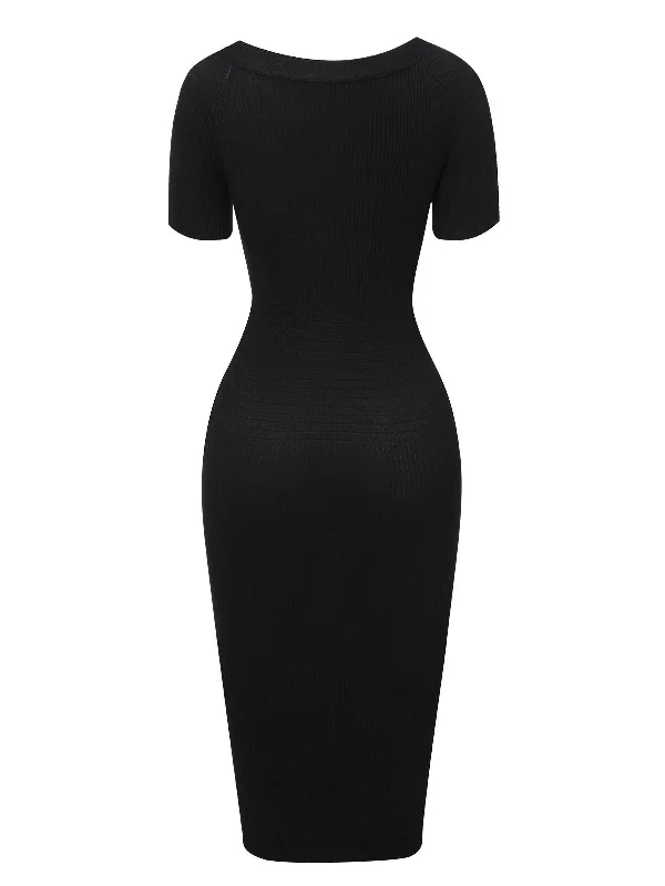 black-1960s-solid-v-neck-buttons-dress