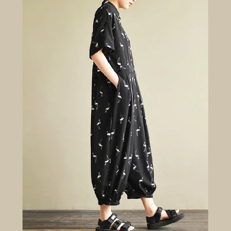 black-original-design-bird-print-chiffon-short-sleeve-casual-jumpsuit-crop-pants