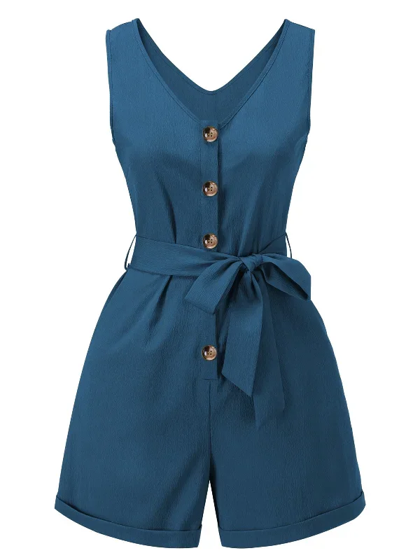 Hot Sell Blue 1950s V-Neck Button Waist Tie Romper