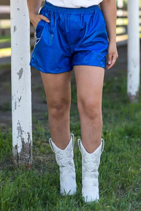 blue-metallic-elastic-waist-shorts