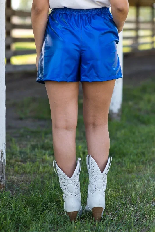 blue-metallic-elastic-waist-shorts