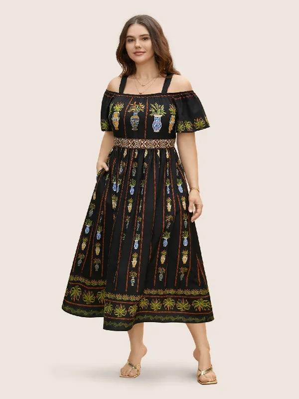 Boho Print Off Shoulder Woven Ribbon Dress