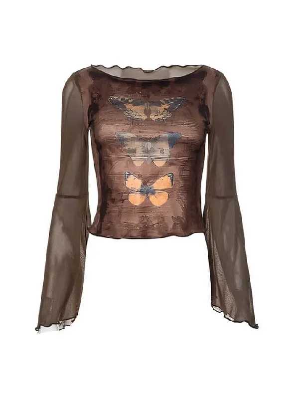 butterfly-print-mesh-patchwork-flared-sleeve-top