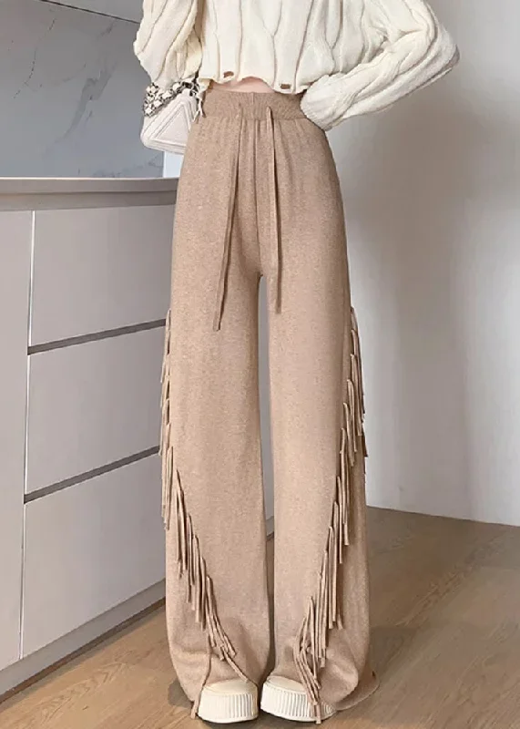 Camel Lace Up Patchwork Cotton Knit High Waist Pants