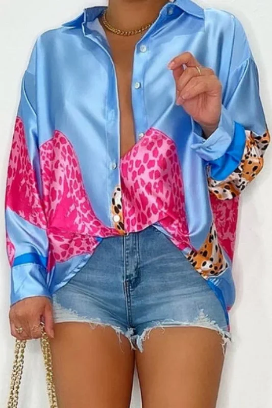 Casual Print Patchwork Turndown Collar Tops