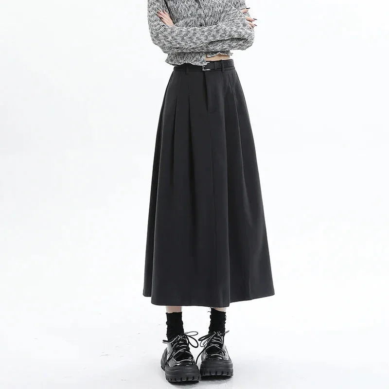 FashionSierra - Pleated Womens 2024 Autumn Winter New Fashion High Waist A-line Long Female Casual Wool Umbrella Skirt