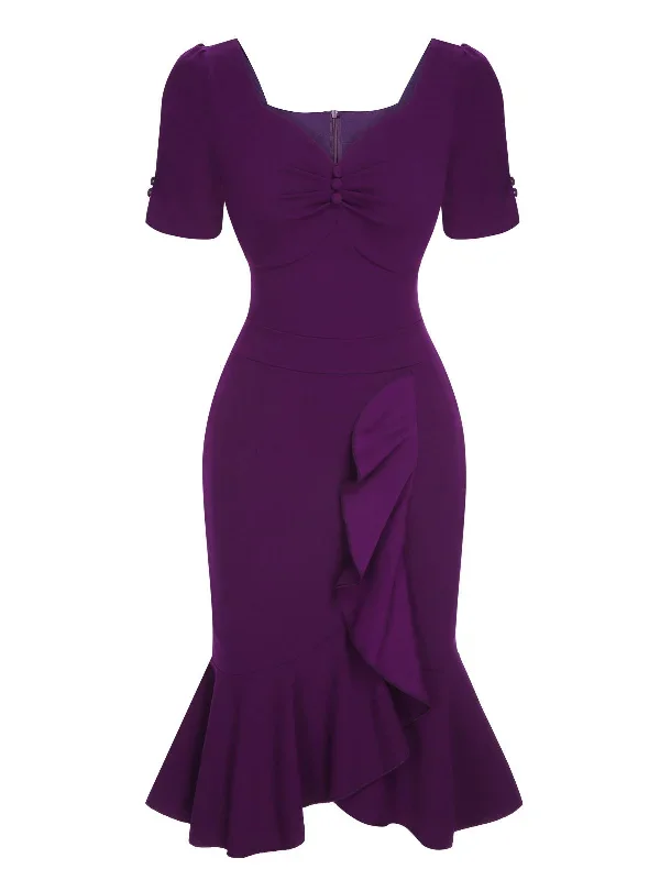 Deep Purple 1960s Solid Gigot Sleeve Ruffles Dress