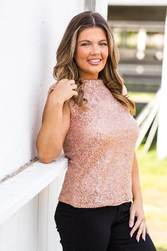 Dusty Rose Sequin Padded Shoulder Top