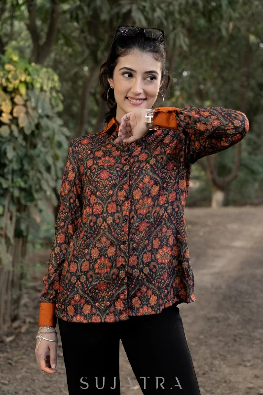 Elegant Black Muslin Shirt with Floral Print and Contrast Collar