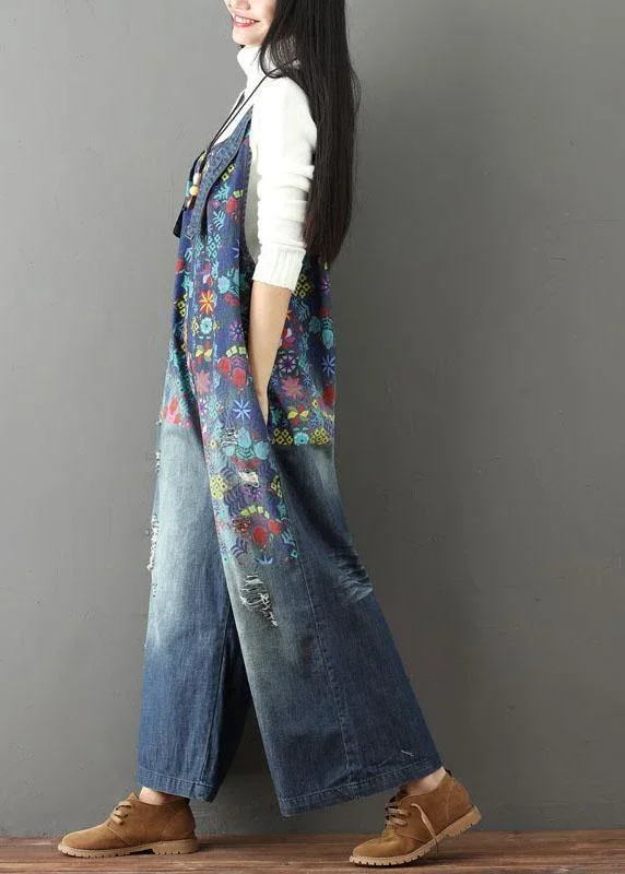 elegant-blue-casual-print-wide-leg-denim-jumpsuit