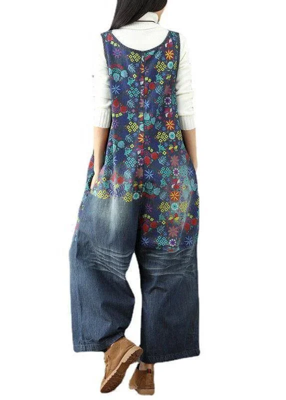 elegant-blue-casual-print-wide-leg-denim-jumpsuit