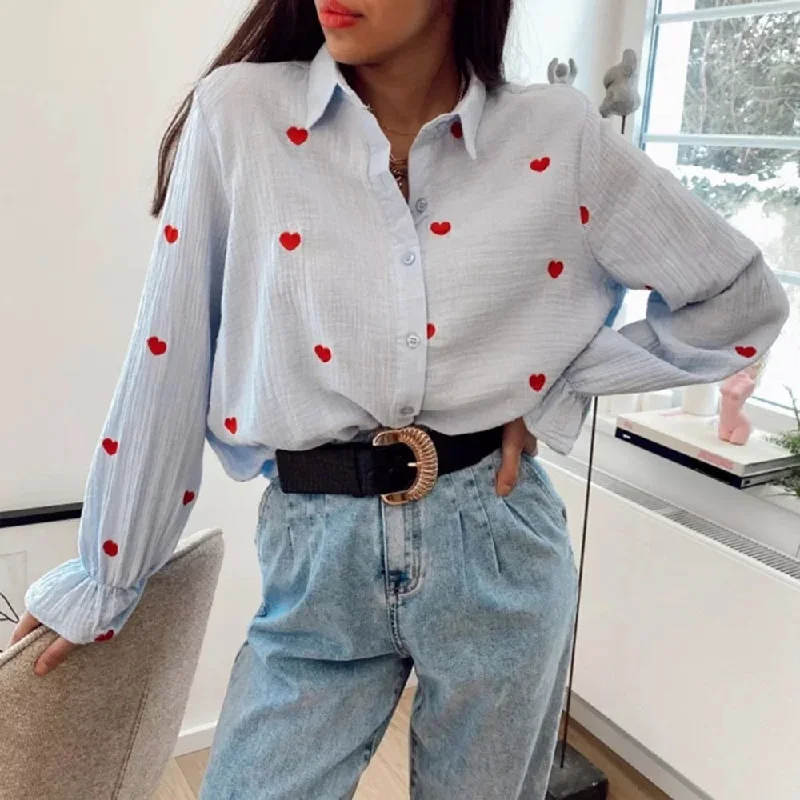 FashionSierra - Turn Down Collar Heart Print Blouses