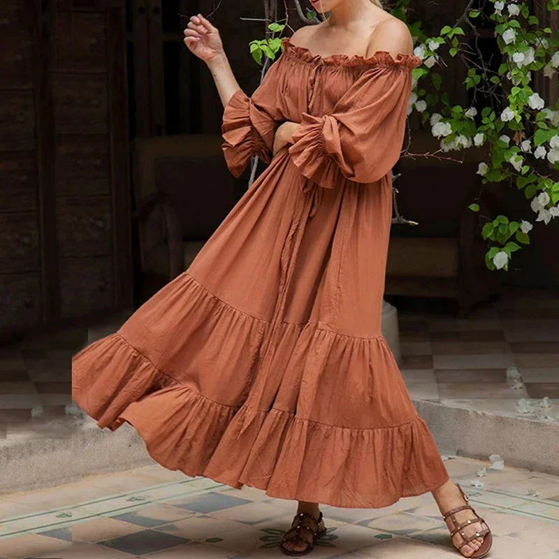 FashionSierra-100% Cotton Vintage Off Shoulder Long For Women Robe Casual Lace Up Loose Summer Solid Ruffles Vestidos Boho Dress