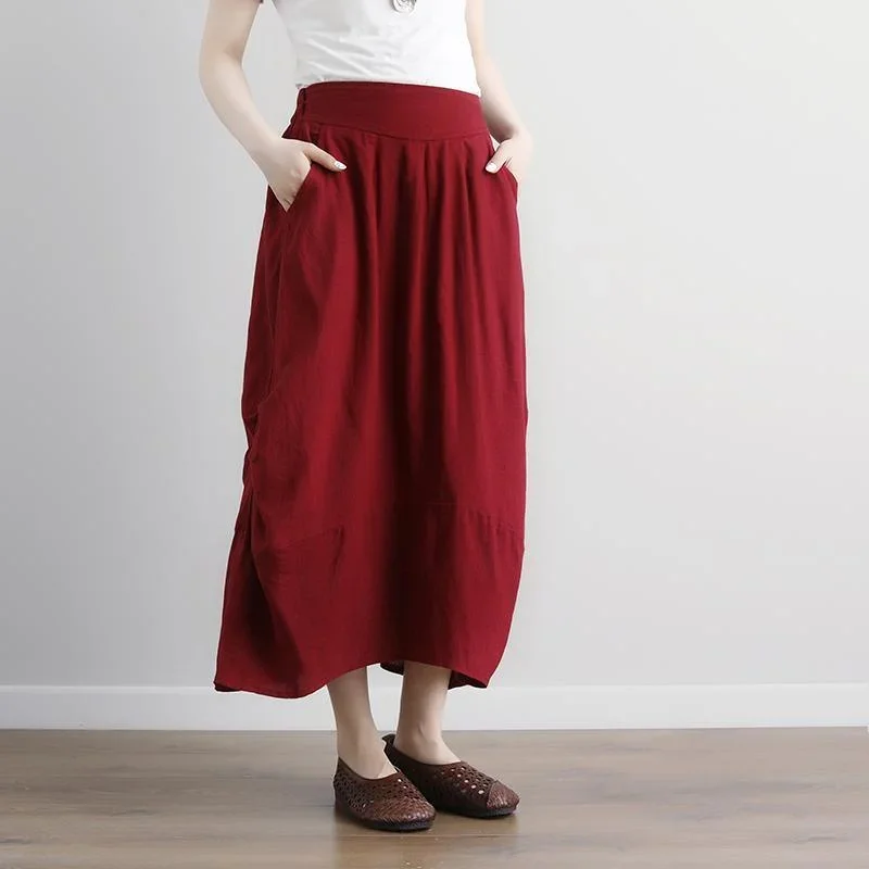 Fine natural linen skirts plus size Women  Casual Summer Pockets Red Long Skirts