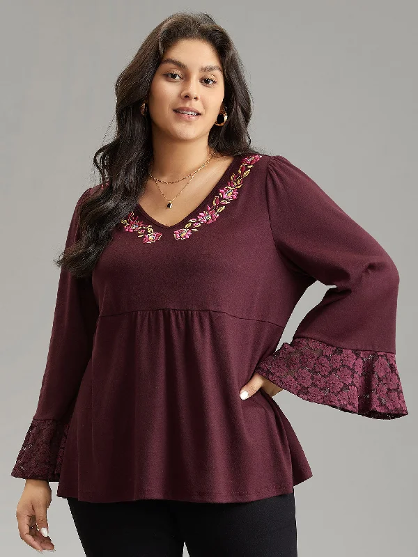 Floral Embroidered Lace Panel Bell Sleeve T-shirt