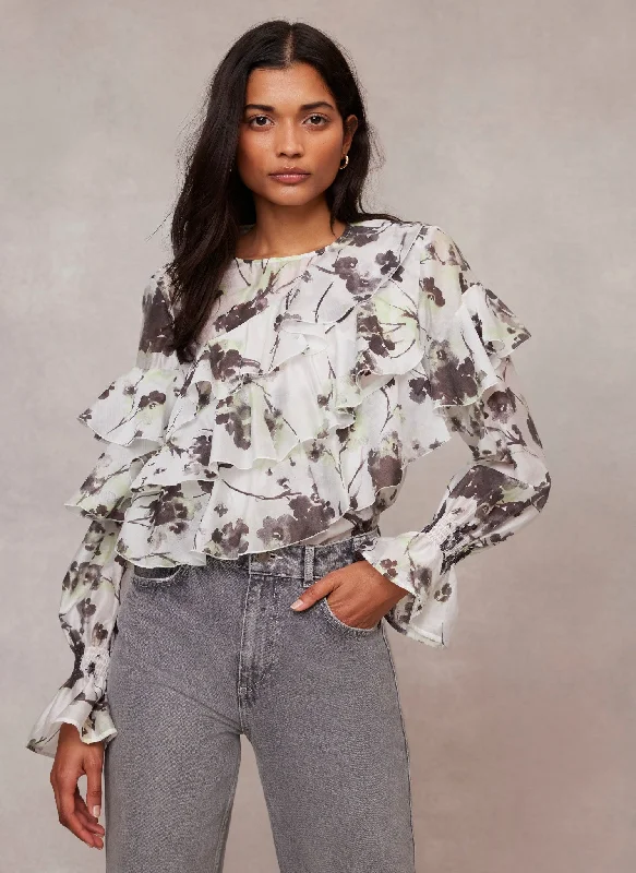 Neutral Floral Print Ruffle Blouse