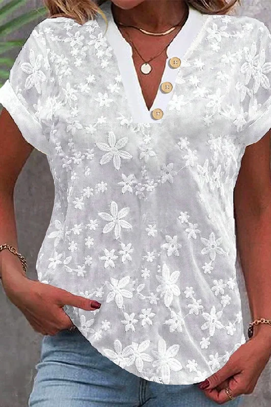 flower-embroidered-casual-solid-color-short-sleeved-shirt