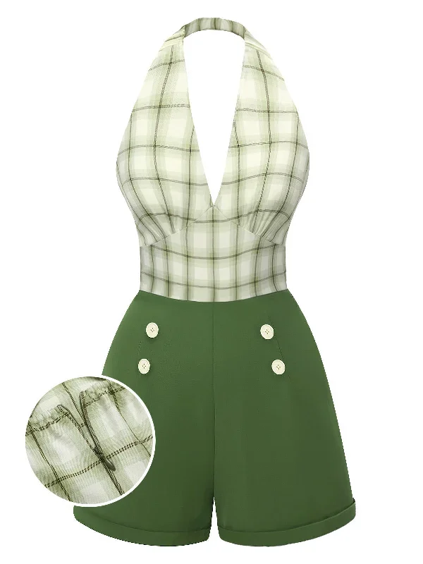 Hot Sell Green 1950s Windowpane Plaid Halter Romper