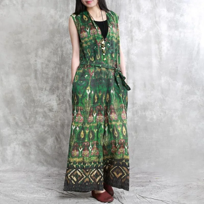 green floral casual linen traveling clothes fashion women v neck sleeveless jumpsuit pants