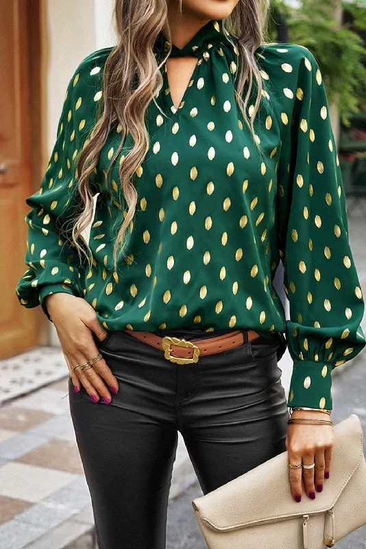 Green Twisted Mock Neck Cut out Dotted Bishop Sleeve Blouse