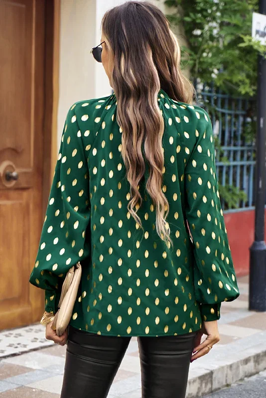 green-twisted-mock-neck-cut-out-dotted-bishop-sleeve-blouse