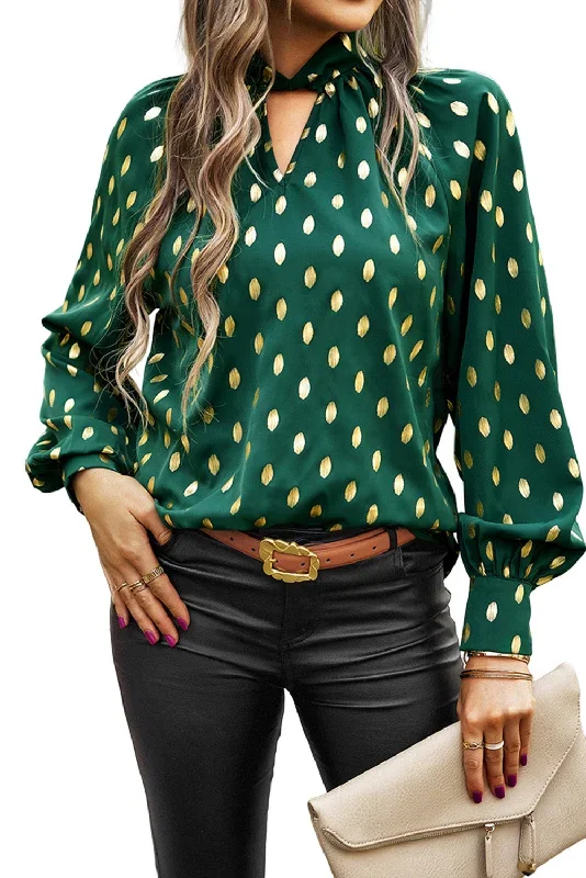 green-twisted-mock-neck-cut-out-dotted-bishop-sleeve-blouse