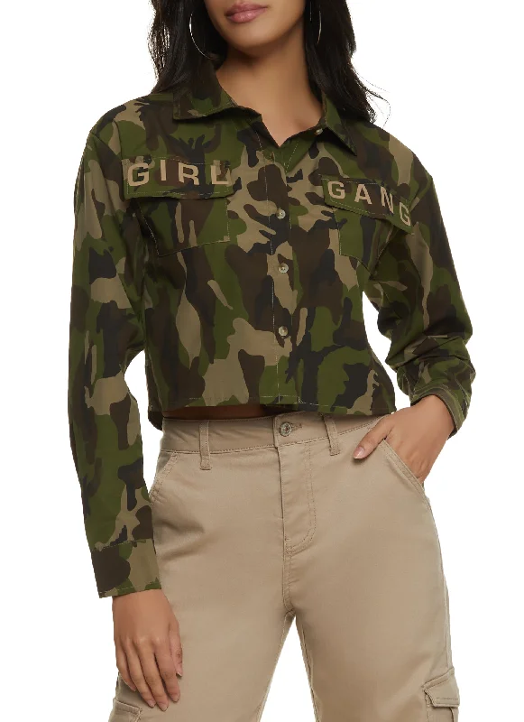 Girl Gang Camo Button Front Shirt