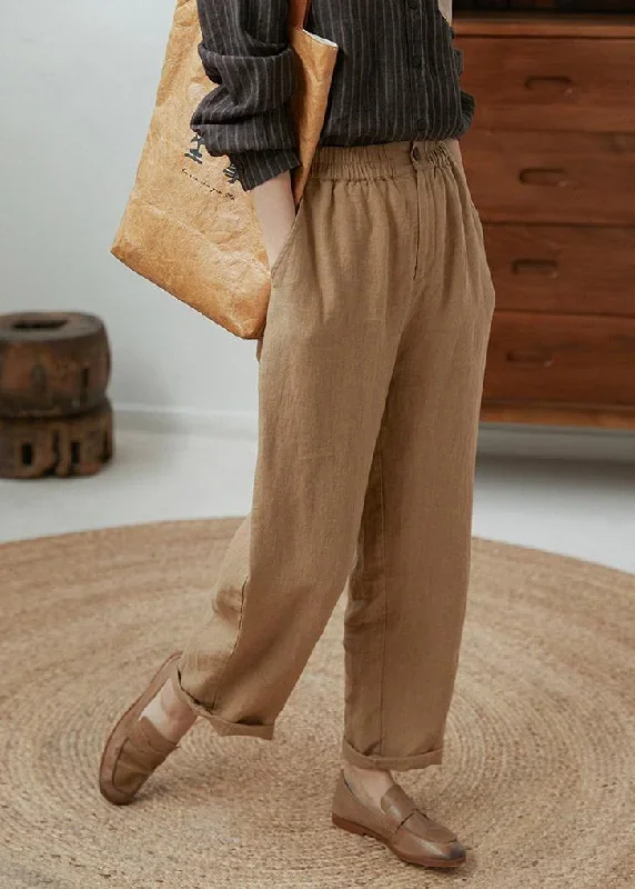 Italian Spring Women Trousers Elastic Waist Khaki Pockets Casual Pants