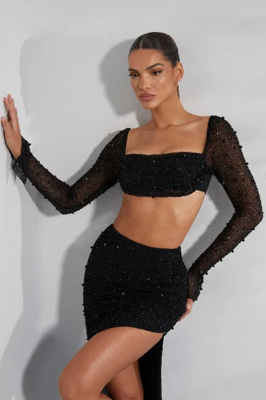 Embellished Cowl Neck Crop Top in Black