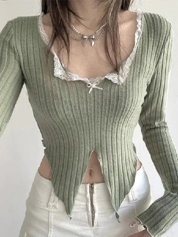 lace-trim-notch-neck-irregular-cropped-long-sleeve-knit