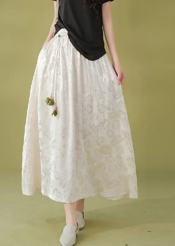 loose-white-print-elastic-waist-satin-a-line-skirt-fall