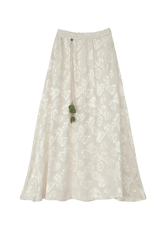 loose-white-print-elastic-waist-satin-a-line-skirt-fall