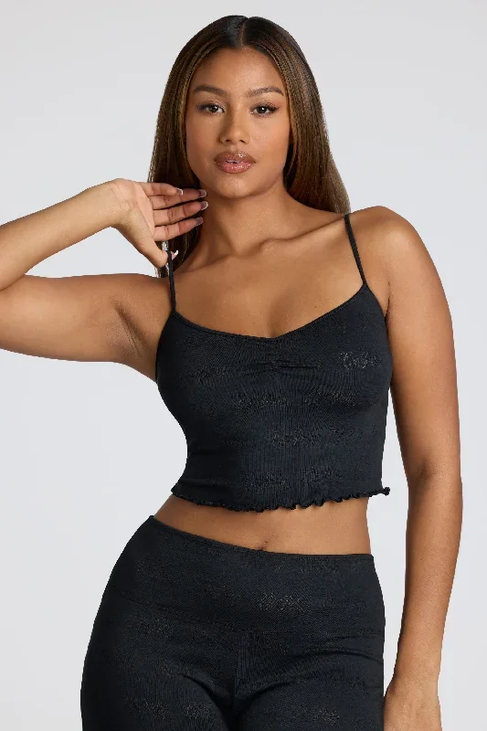 Strappy Ruched Pointelle Crop Top in Black